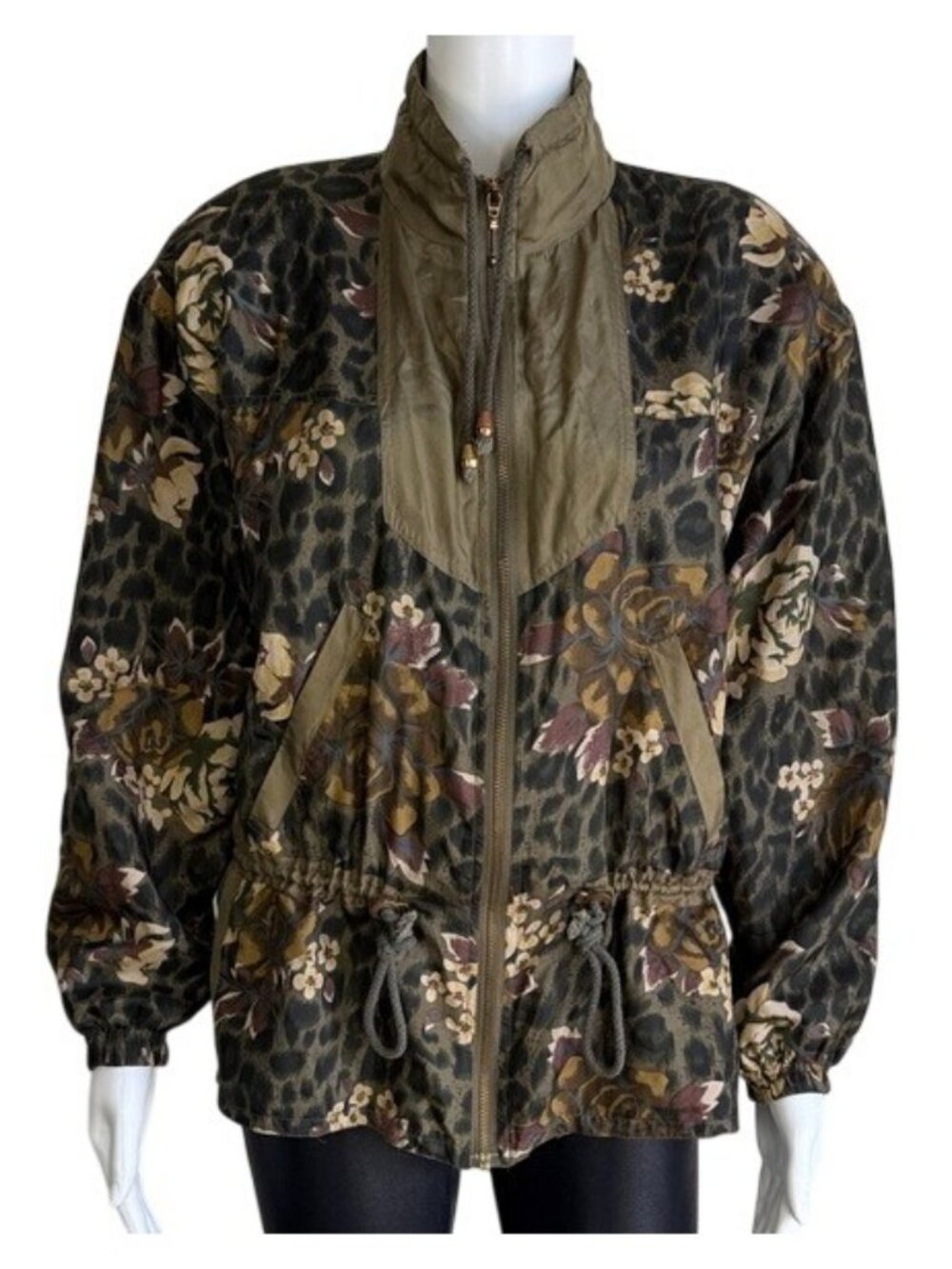 Vintage ABVIEN Silk Floral Leopard Print Utility Jacket